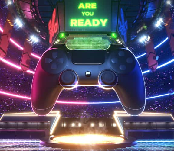 Arena e-sport con joy pad gigante posizionato al centro